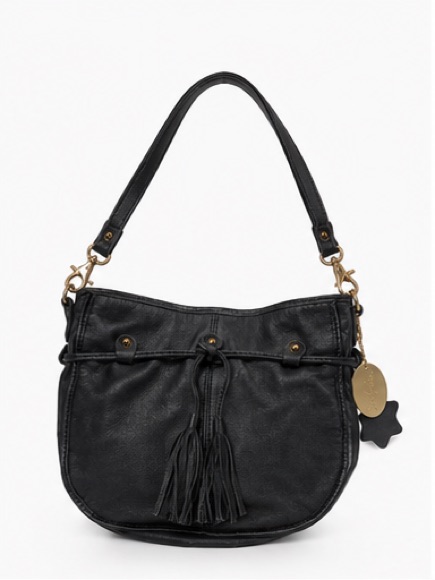 (Os) Jesslyn Blake Boho Black Leather Crossbody Handbag Purse Tassel Gold Accent